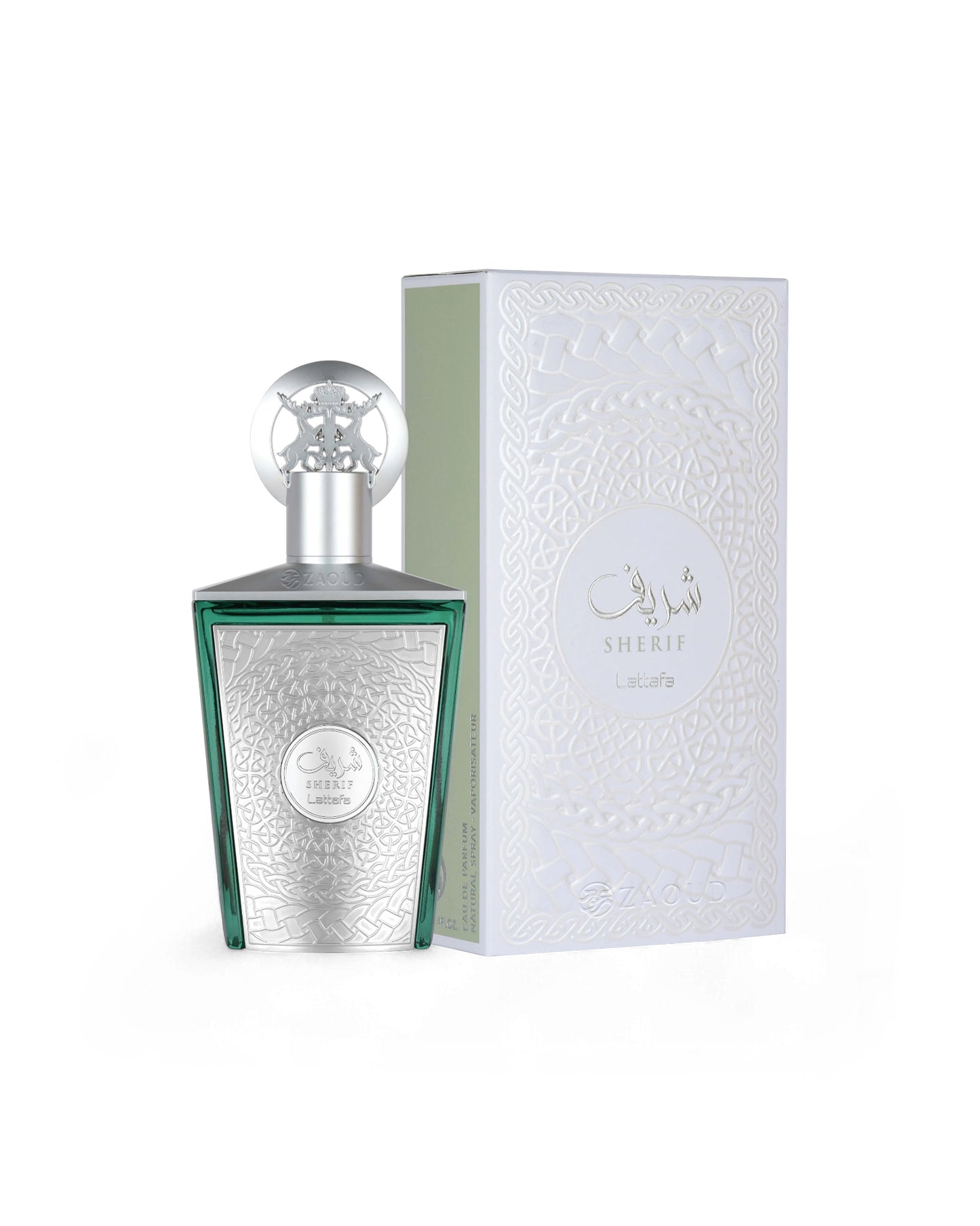 lattafa sherif Perfume bottle with decorative design and matching box on a white background