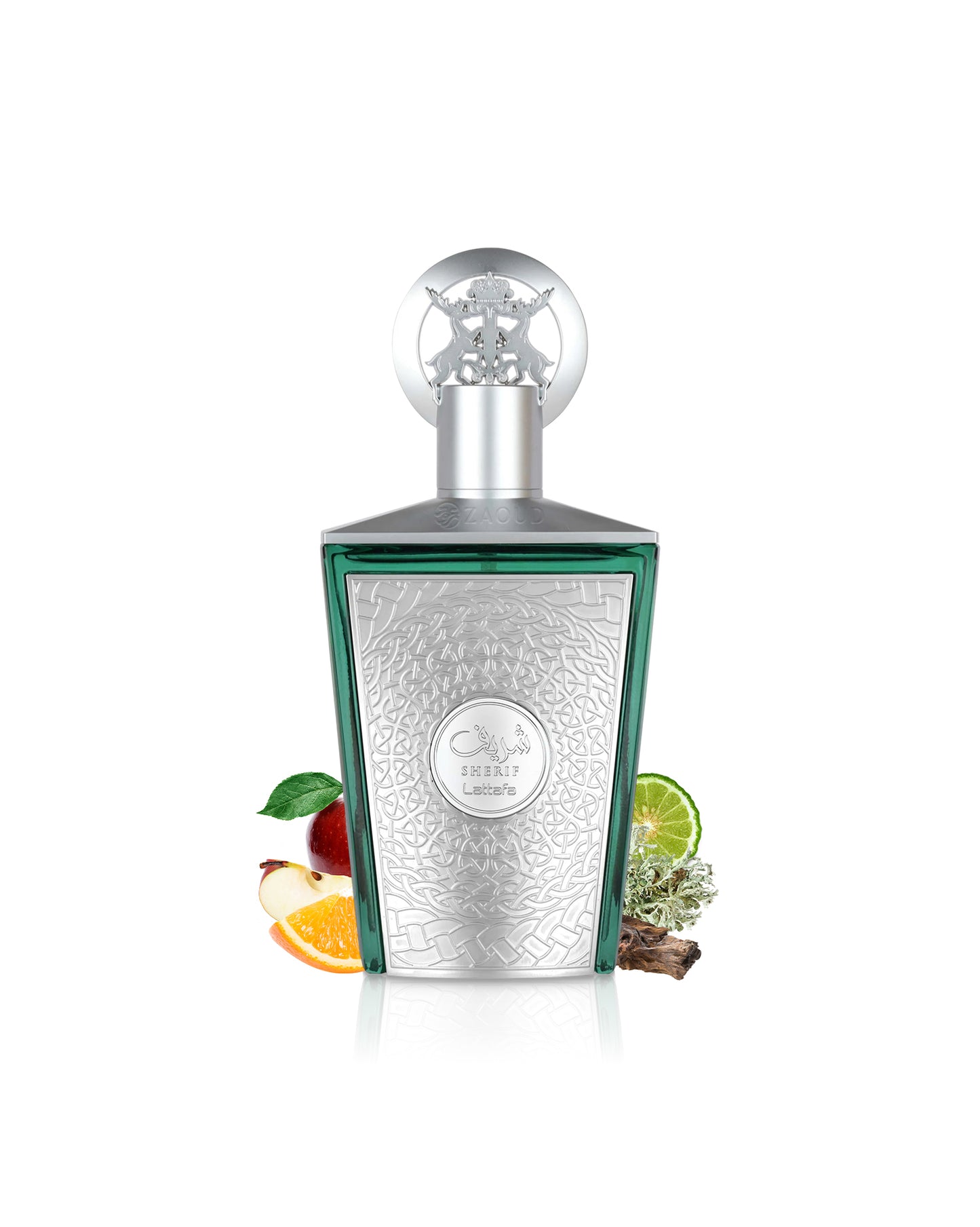 lattafa sherif Perfume bottle with decorative elements like apple and citrus on a white background