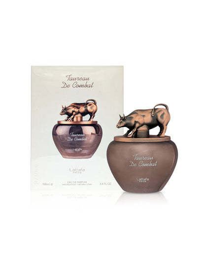 lattafa taurean de combat Perfume bottle with bull figurine and packaging on a white background