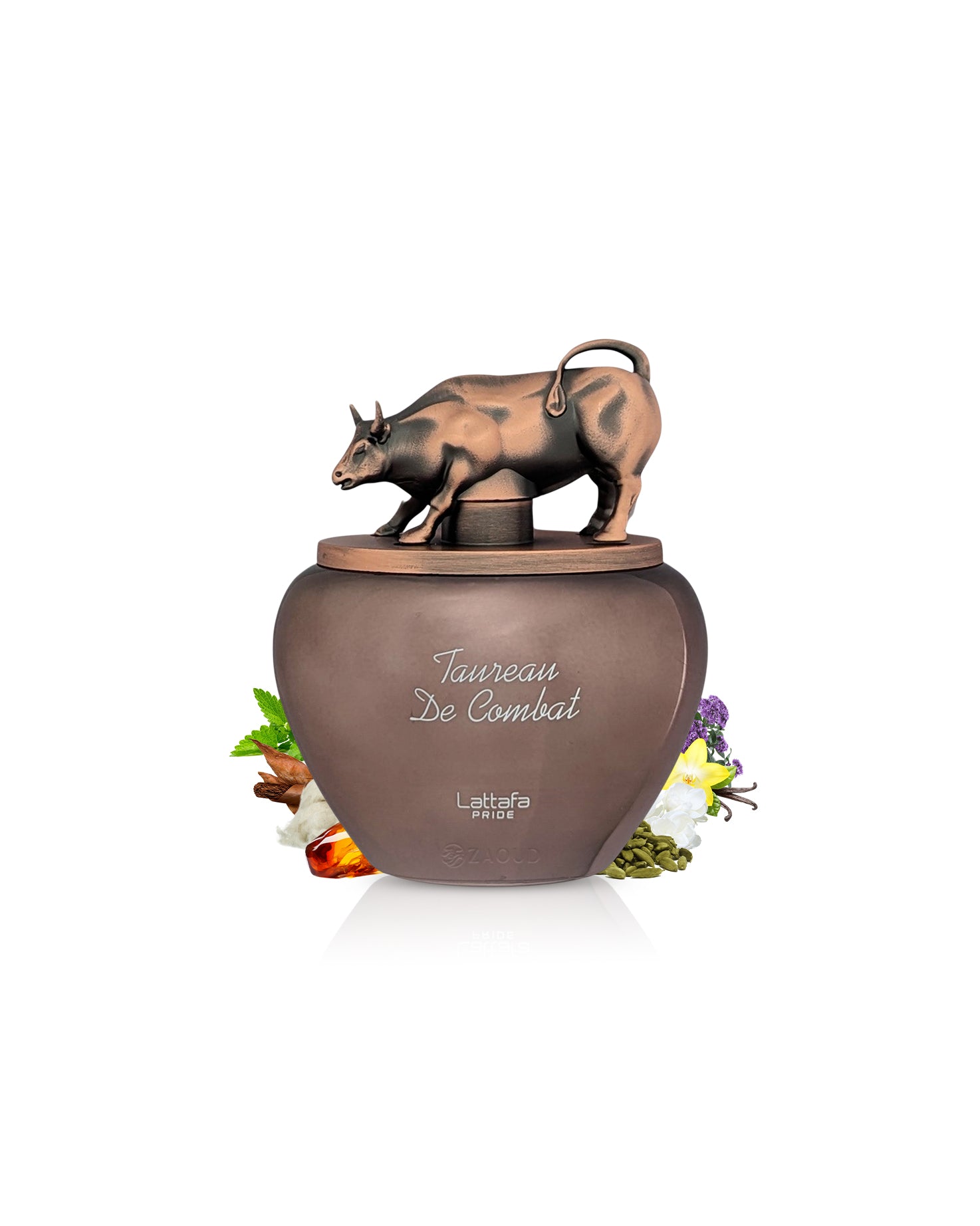 lattafa taurean de combat perfume bottle Decorative container with a bull figurine on top, featuring the brand 'lattafa pride'.