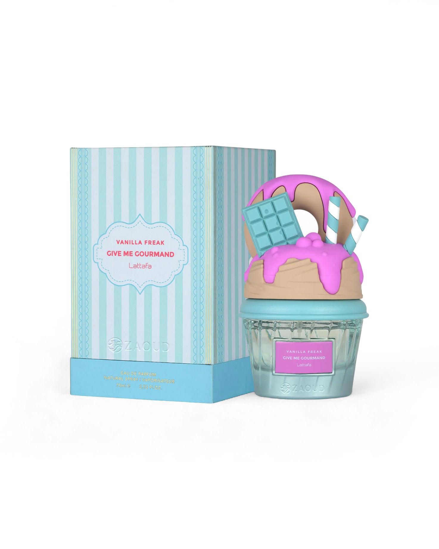 lattafa vanilla freak perfume cupcake shape bottle shows beside its packaging against white background