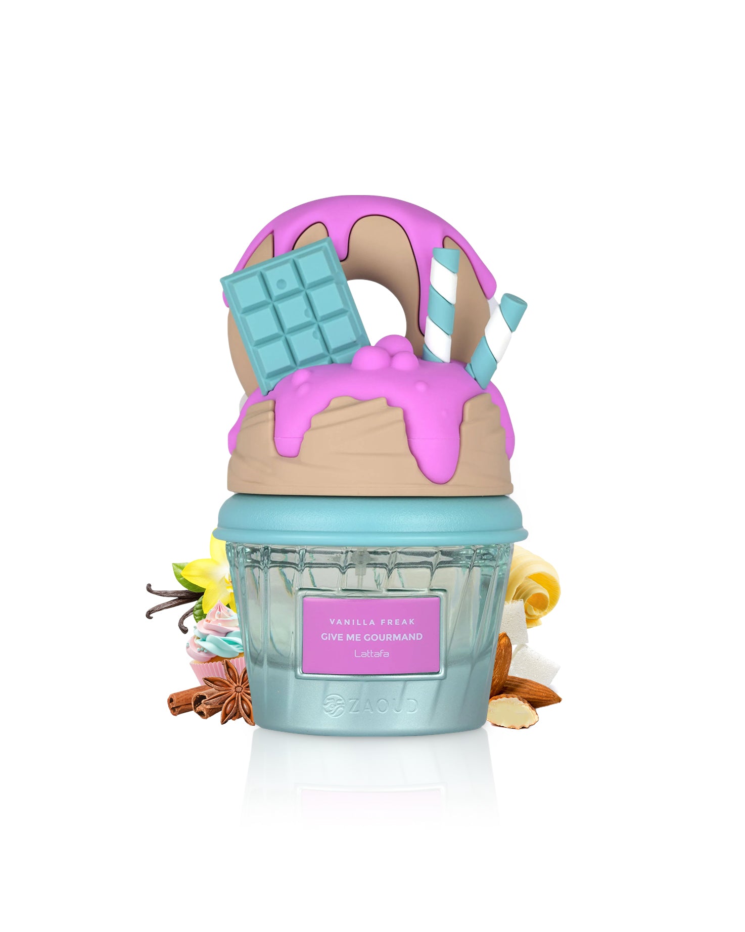 lattafa vanilla freak perfume cupcake shape bottle surrounded by fragrance notes like almond and vanilla  shows against white background