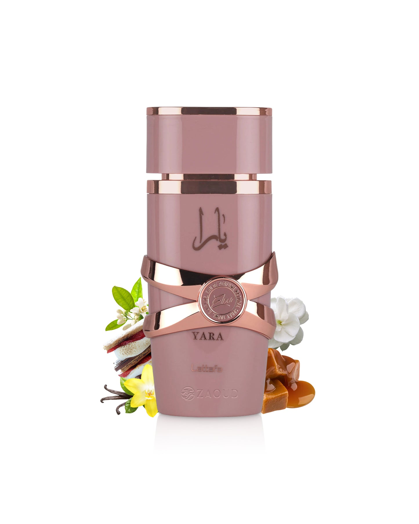lattafa yara elixir perfume bottle surrounded with fragrance notes like caramel and vanilla shows against white background
