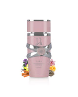 lattafa yara Pink bottle surrounded by fragrance note liek vanilla and gray cylindrical container with decorative elements on a white background