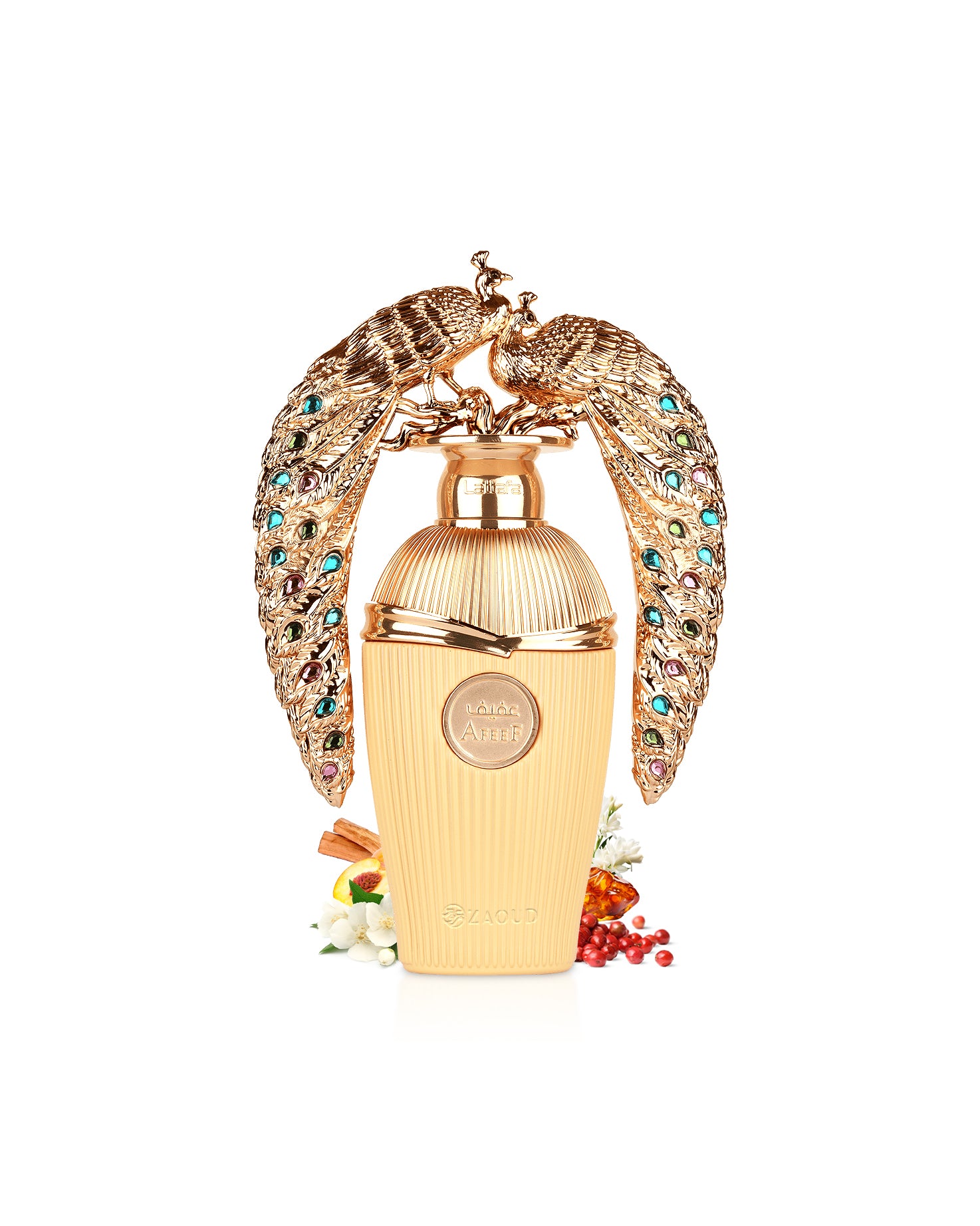 lattafa afeef perfume bottle surrounded with fragrance notes like amber and jasmine shows against white background