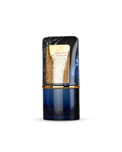 lattafa al nashama caprice Blue and gold perfume bottle on a white background