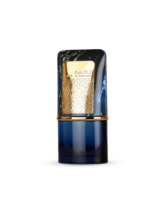 lattafa al nashama caprice Blue and gold perfume bottle on a white background