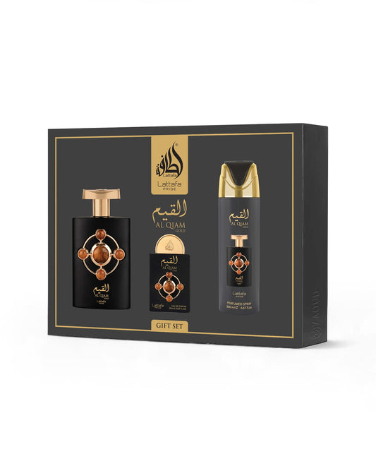 Lattafa Al Qalam gift set packaging with three black bottles on a white background
