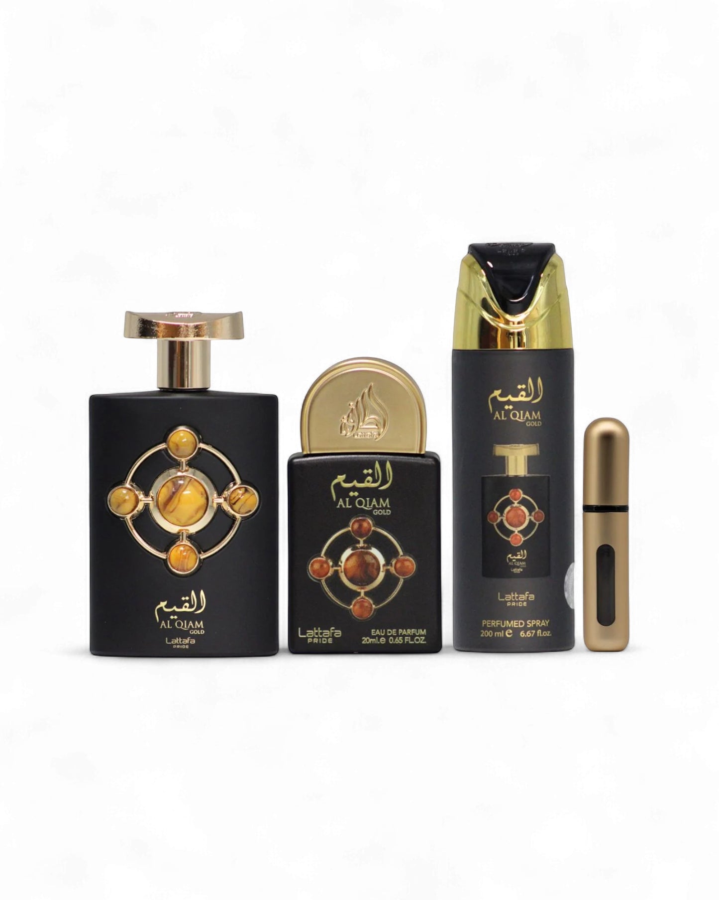 Lattafa al qiam gold gift Set of Al qiam perfume bottles with deodorant and refillable automizer on a white background
