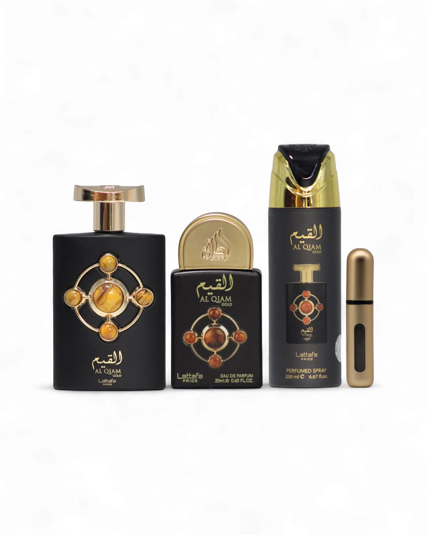 Lattafa al qiam gold gift Set of Al qiam perfume bottles with deodorant and refillable automizer on a white background