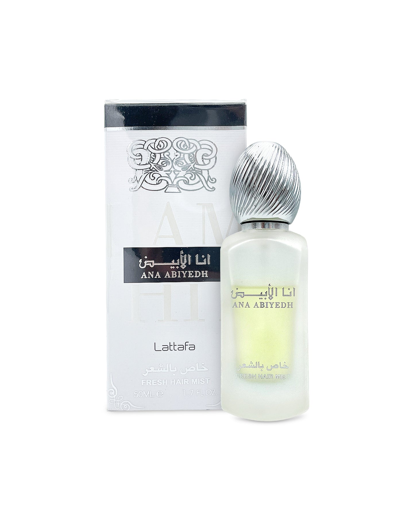 ana abiyedh hair mist by lattafa perfume bottle shows beside its box against white background