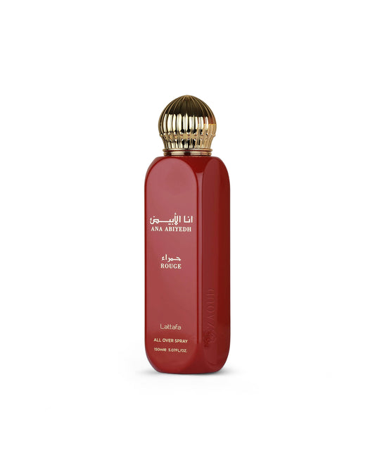 lattafa ana abiyedh rouge all over spray Red perfume bottle with gold cap on a white background