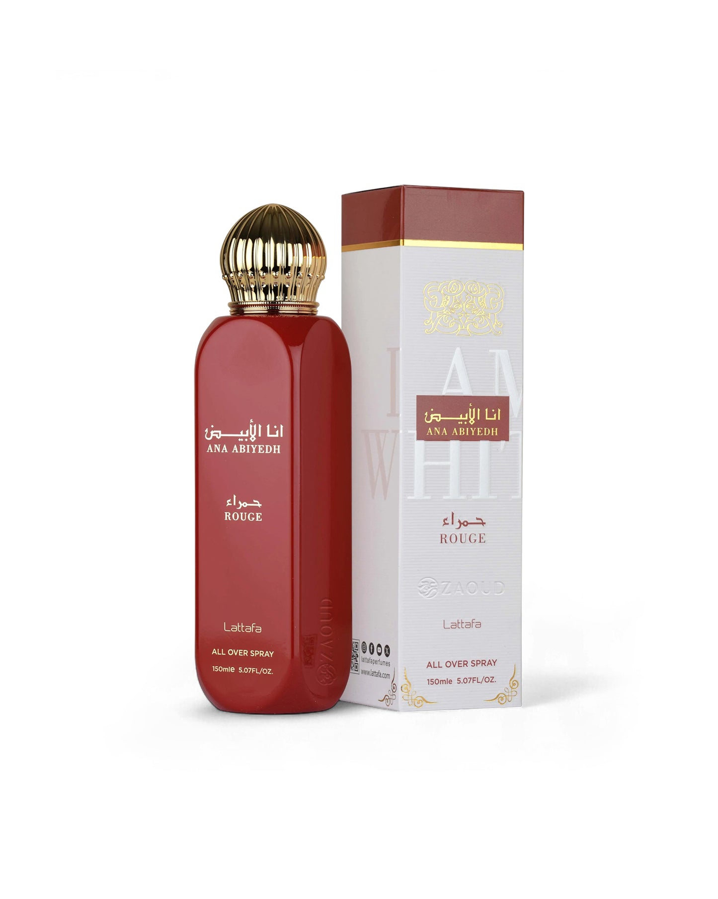 lattafa ana abiyedh rouge all over spray Red perfume bottle with gold cap and white box on a white background
