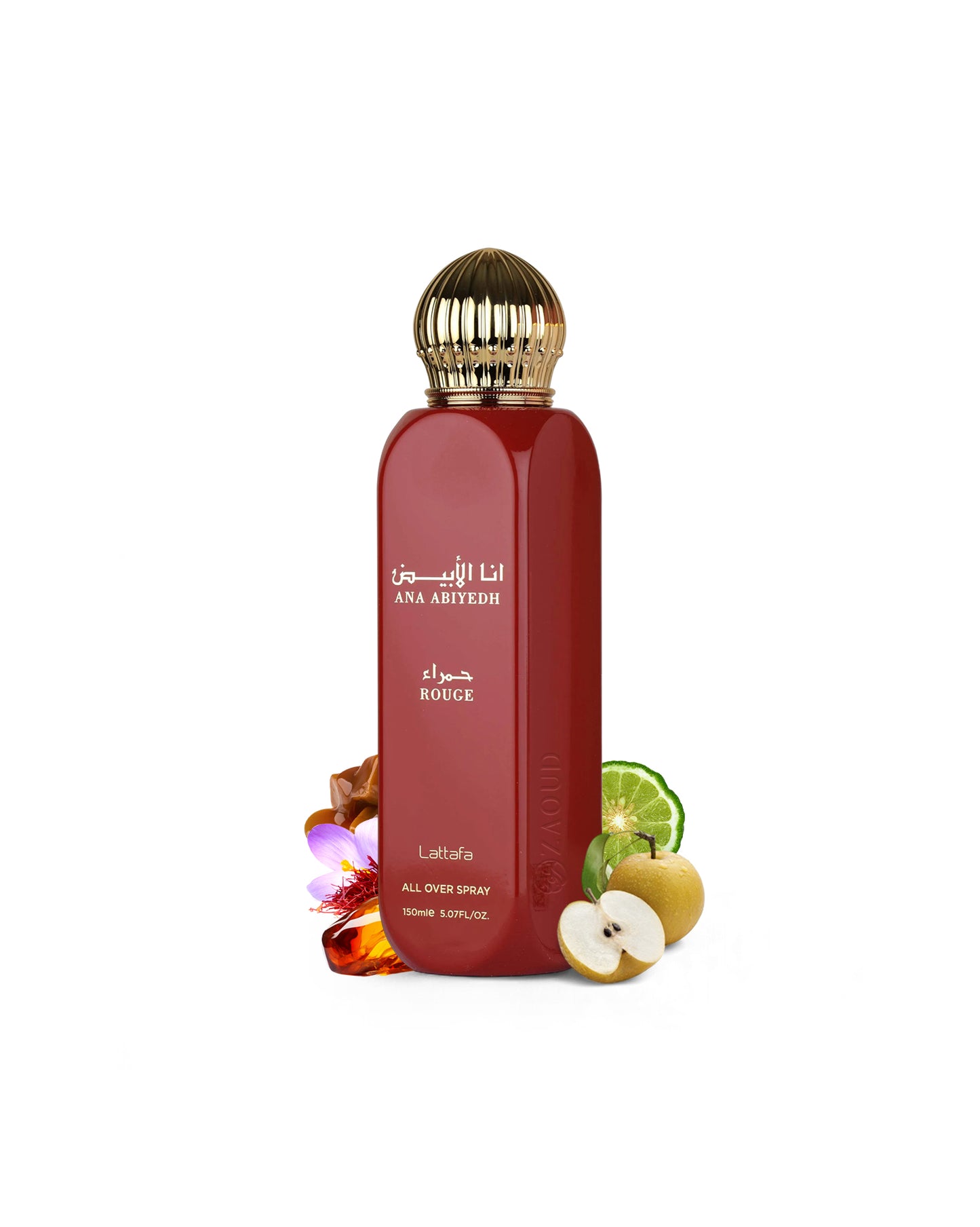 lattafa ana abiyedh rouge all over spray Red perfume bottle with gold cap on a white background, featuring fruit illustrations.