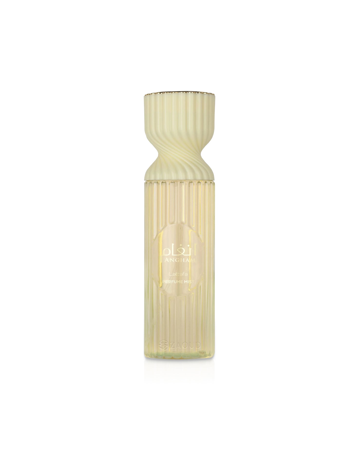 lattafa angham body mist bottle with Decorative vase with ribbed design on a white background