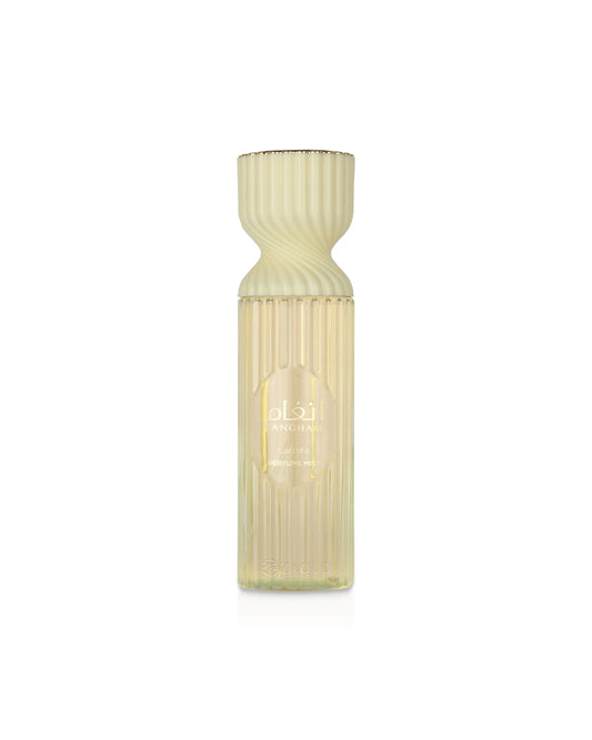lattafa angham body mist bottle with Decorative vase with ribbed design on a white background