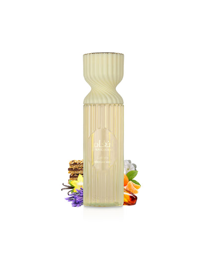 lattafa angham body mist Decorative bottle with ribbed design on a white background