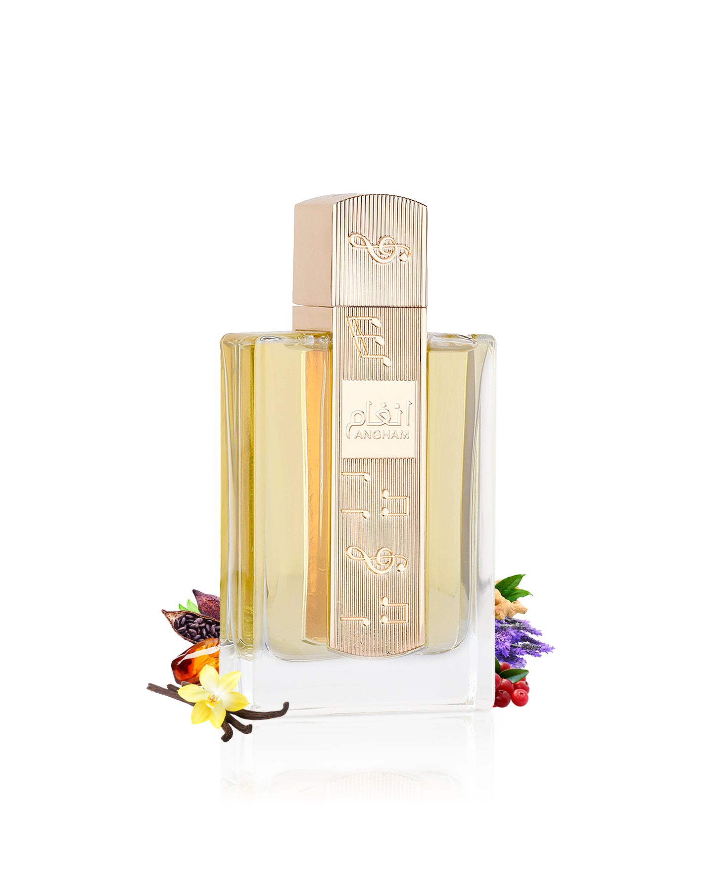 lattafa angham perfume bottle surrounded with amber and vanilla shows against white background