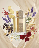 lattafa-angham Perfume bottle with floral and fruit elements on a decorative background