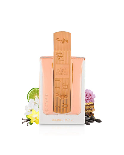 lattafa angham second song perfume bottle surrounded by fragrance notes like vanilla and rose shows against white background