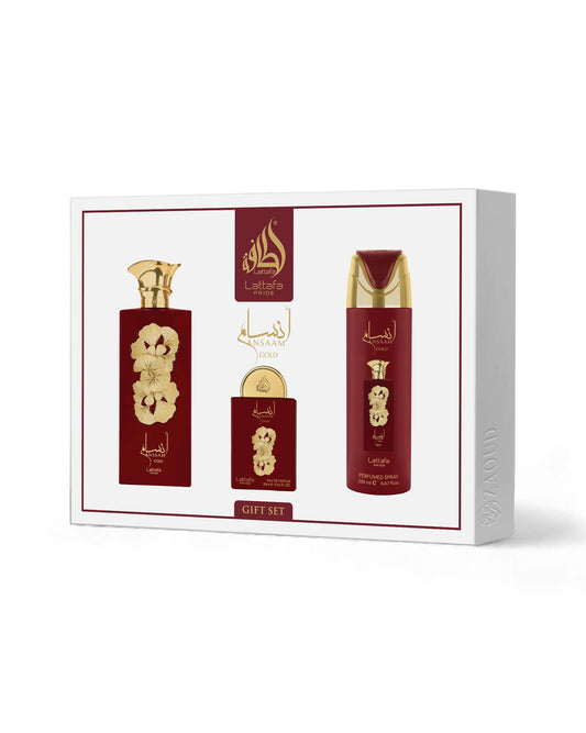 Lattafa ansaam gold gift set packaging on a white background