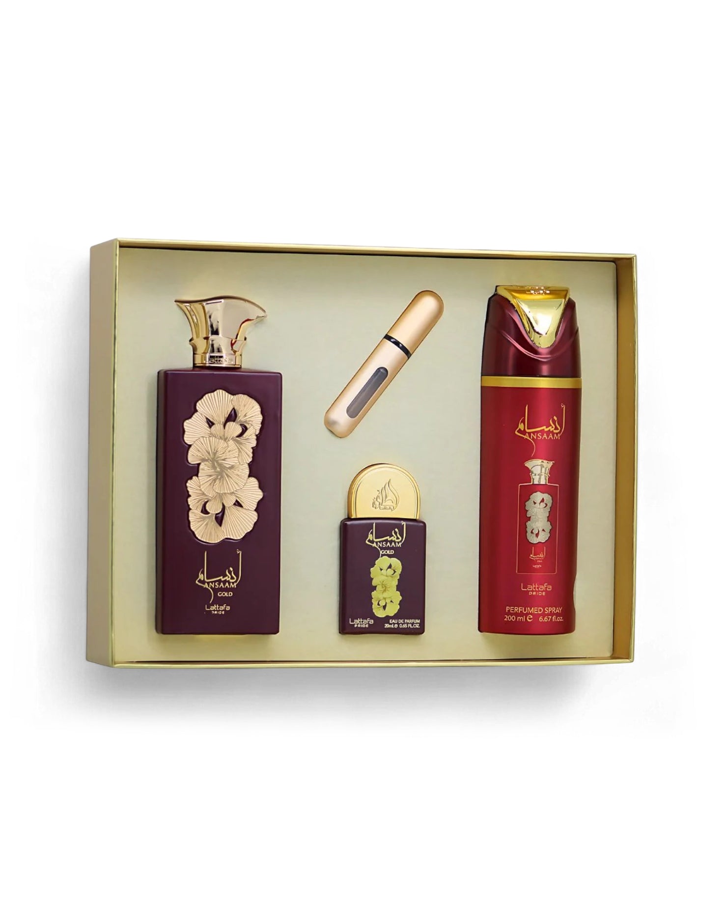 Lattafa ansaam gold gift Set including a bottle, a perfume automizer, and a box in a gold box on a white background