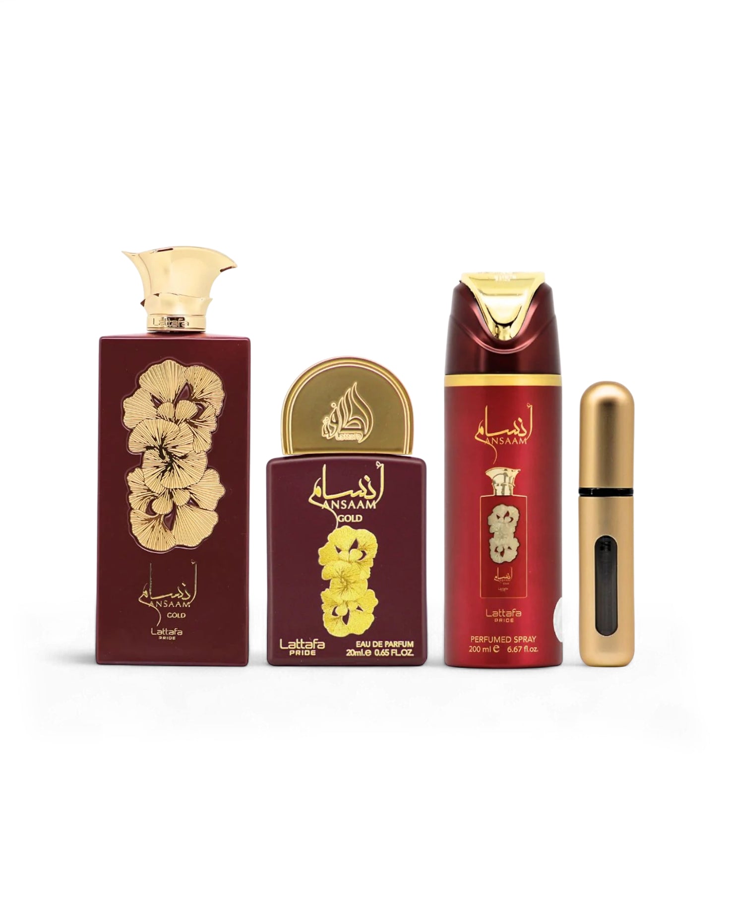 Lattafa ansaam gold perfume bottles with deodorant bottle and a perfume automizer on a white background
