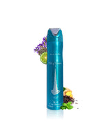 lattafa art of arabia 1 aitr freshener bottle surrounded by fragrance notes like mint and citrus shows against white background