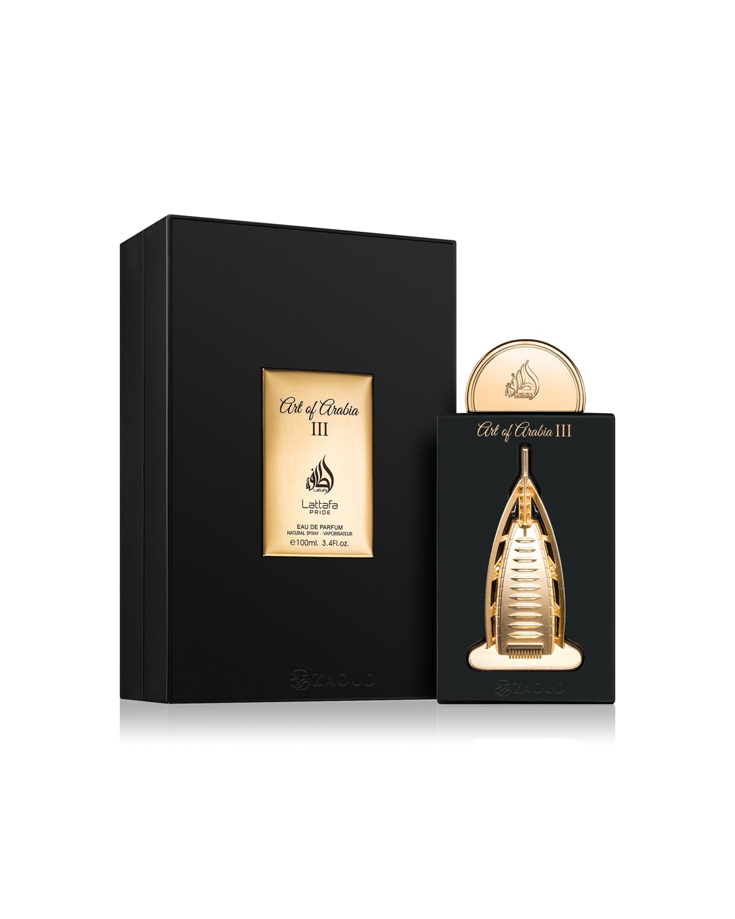 lattafa art of arabia 3 perfume bottle shows beside its box against white background