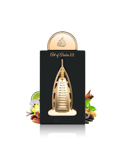 lattafa art of arabia 3 perfume bottle surrounded with fragrance notes like dates and tonka shows against white background