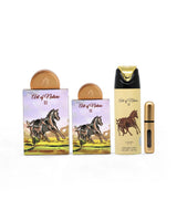 Set of 'Art of Nature II' perfume bottles and deodorant bottle and packaging on a white background