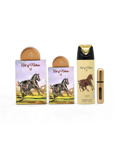 Set of 'Art of Nature II' perfume bottles and deodorant bottle and packaging on a white background