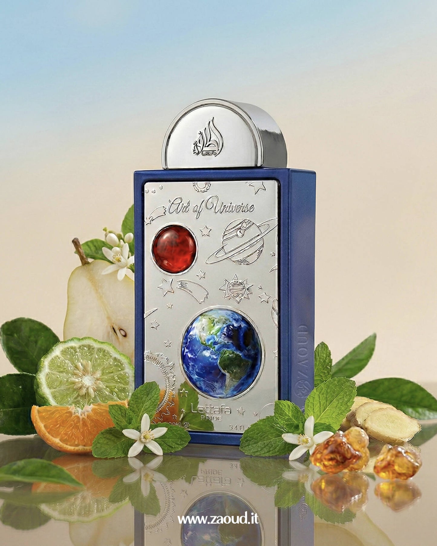 Lattafa Art of Universe perfume bottle with citrus fruits, mint leaves, ginger, and pear representing a fresh citrus aromatic fragrance.