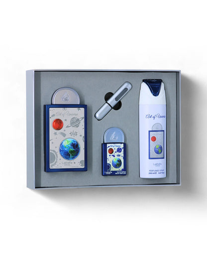 lattafa art of universe perfume bottles, deodorant bottle, and refill container in a box on a white background