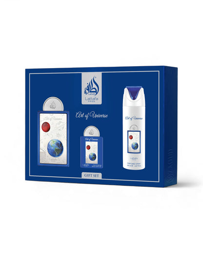 lattafa art of universe gift set packaging with two bottles and a box on a white background