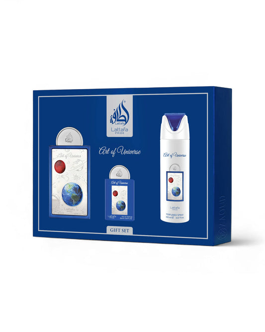 lattafa art of universe gift set packaging with two bottles and a box on a white background