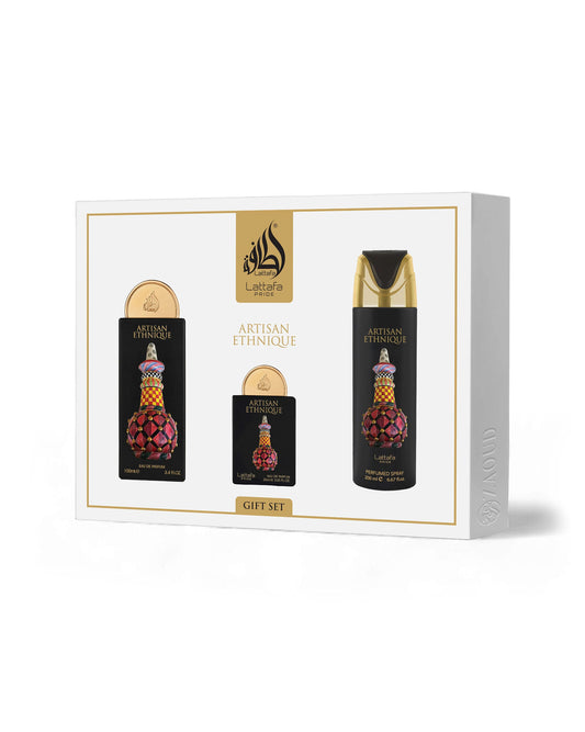 lattafa Artisan ethnique gift set perfume bottles in a decorative box on a white background