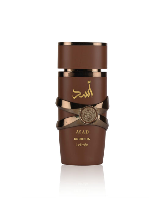 Lattafa asad bourbon perfume bottle shows against white background