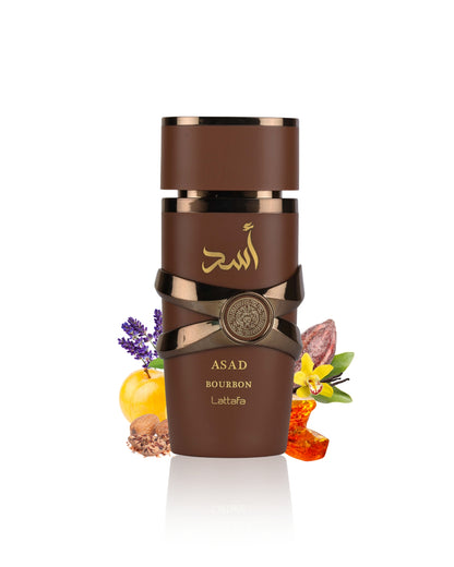 lattafa asad bourbon perfume bottle surrounded with fragrance notes like amber and mirabelle shows from behind the bottle against white background