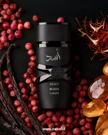 Black bottle of Asad Elixir Lattafa surrounded by red berries and vanilla beans on a dark background