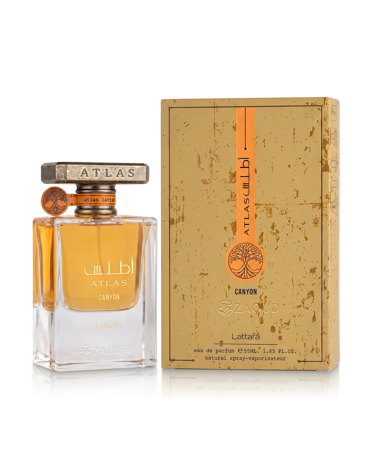lattafa atlas canyon perfume bottle shows beside its packaging against white background
