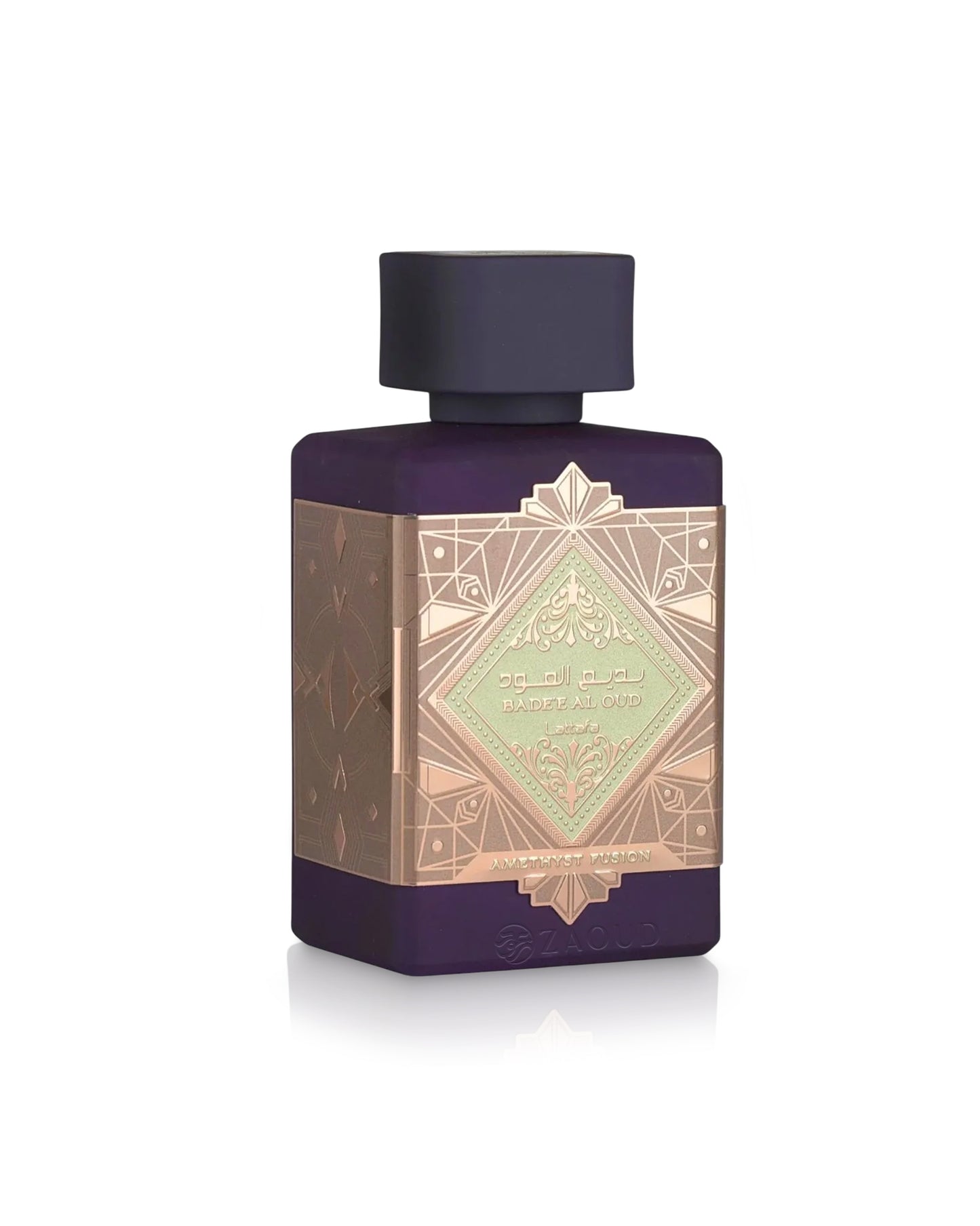 lattafa badee al oud amethyst fusion perfume bottle shows against white background