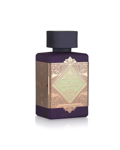 lattafa badee al oud amethyst fusion perfume bottle shows against white background