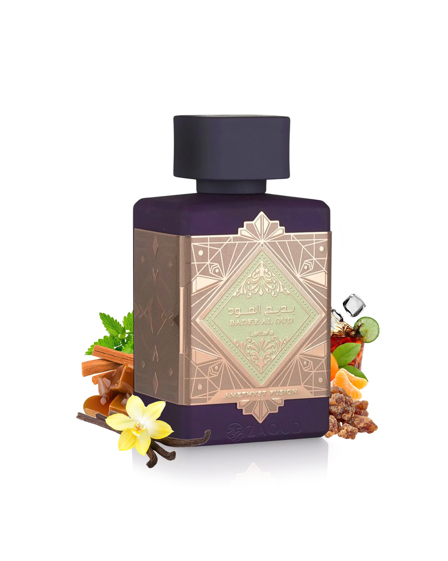 lattafa badee al oud amethyst fusion perfume bottle surrounded with fragrance notes like vanilla and myrrh shows against white background