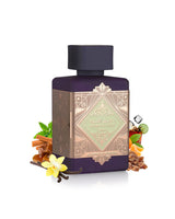 lattafa badee al oud amethyst fusion perfume bottle surrounded with fragrance notes like vanilla and myrrh shows against white background