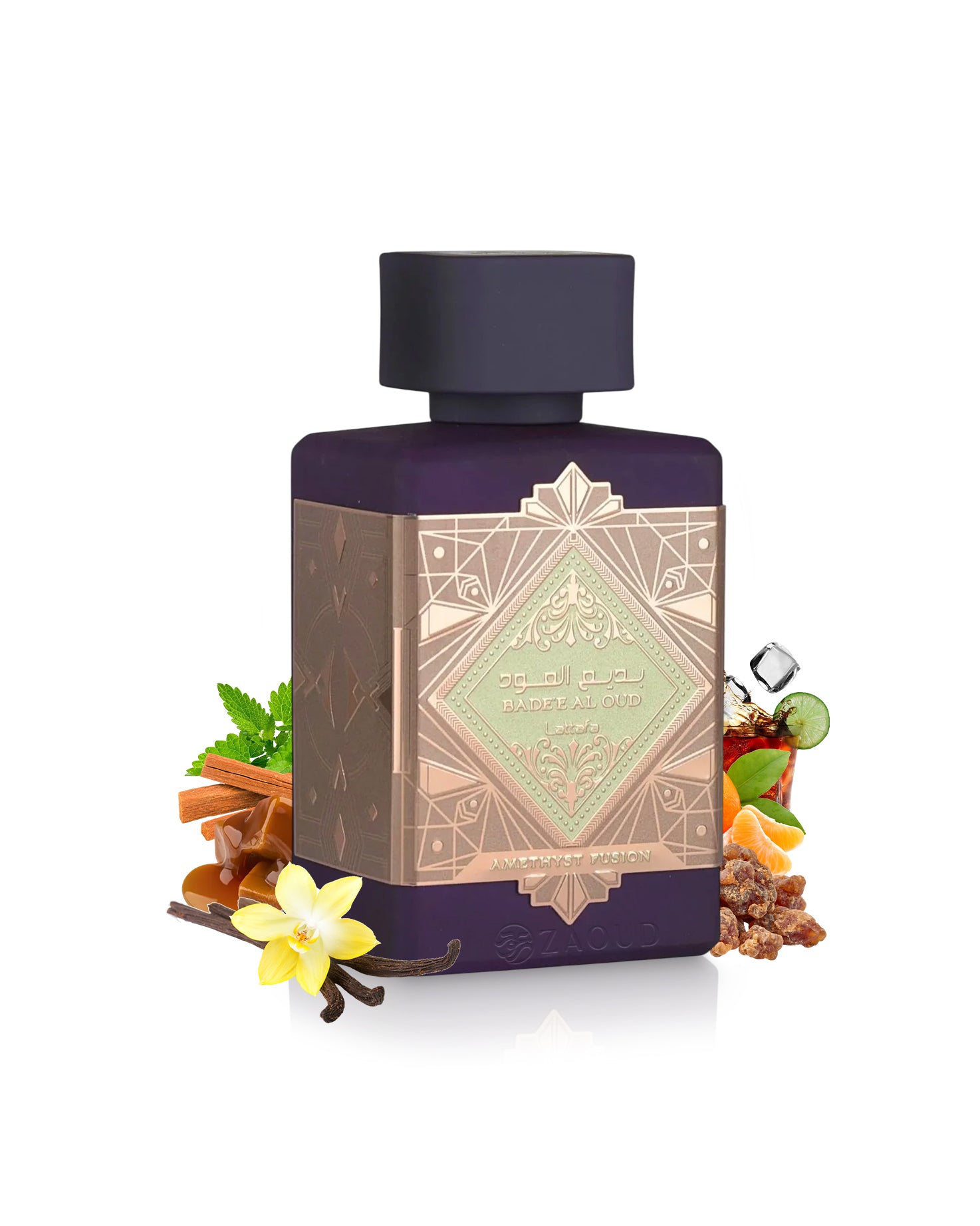 lattafa badee al oud amethyst fusion perfume bottle surrounded with fragrance notes like vanilla and myrrh shows against white background