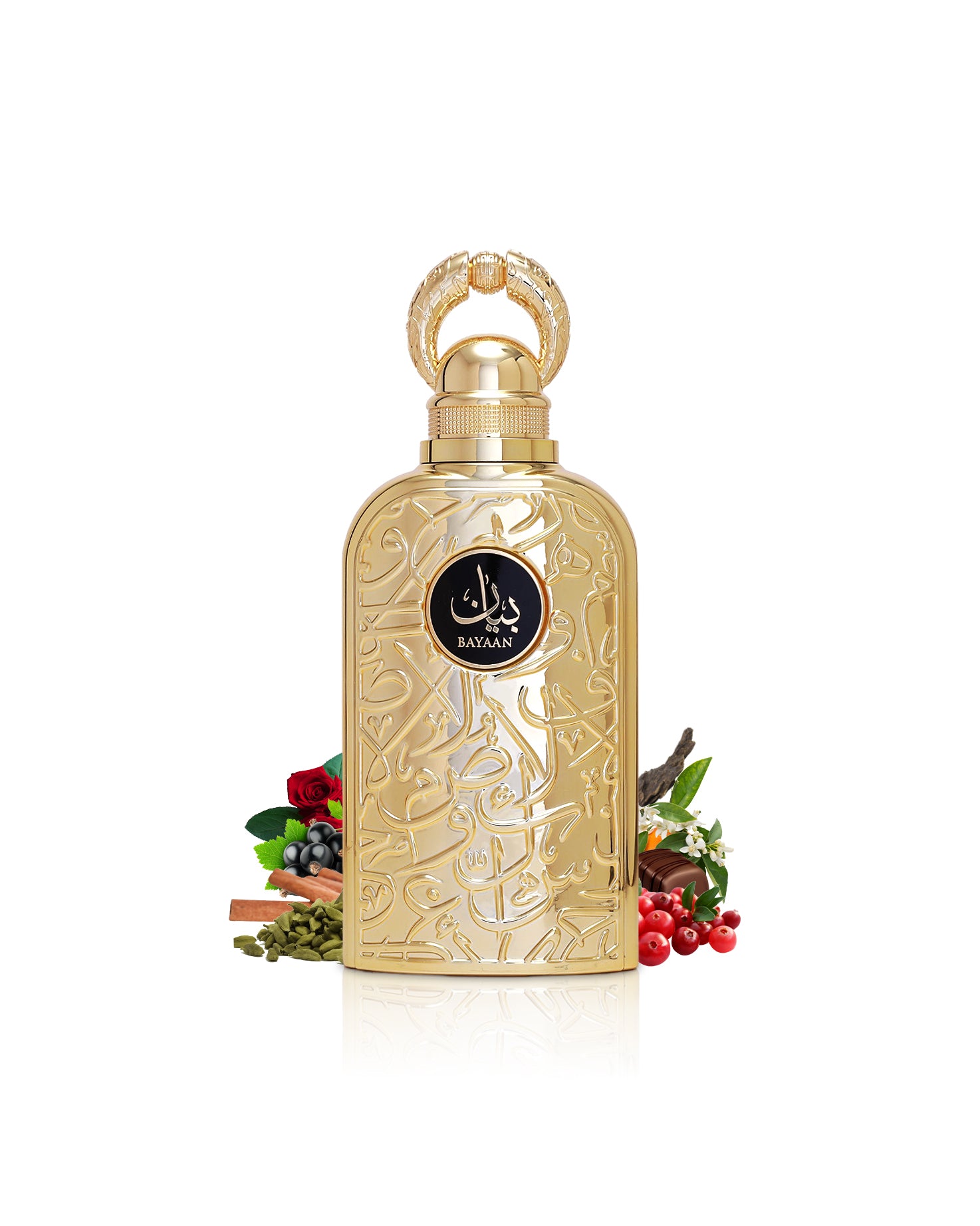 lattafa bayaan perfume bottle surrounded with its ingredients like cardamom and oud shows from behind the bottle against white background