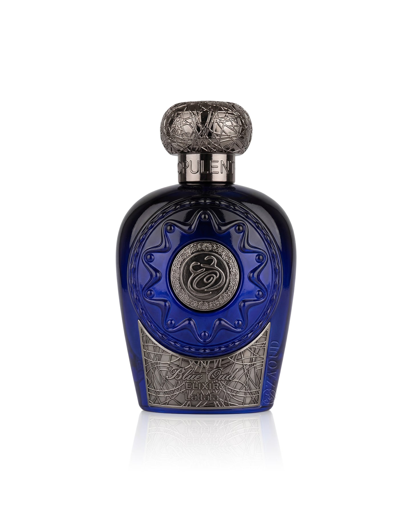 lattafa blue oud elixir perfume bottle shows against white background