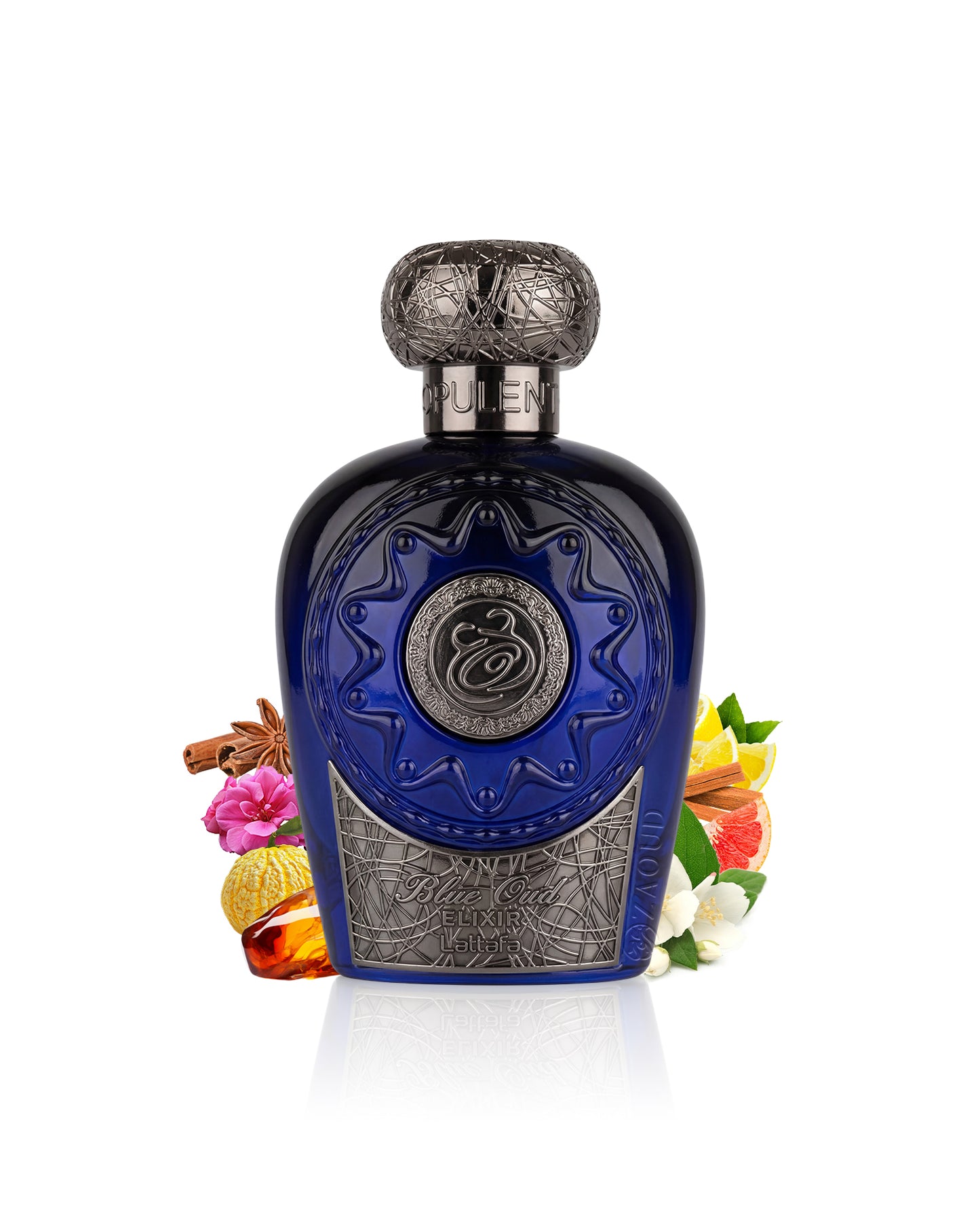 lattafa blue oud elixir perfume bottle surrounded by fragrance notes like amber and jasmine shows against white background