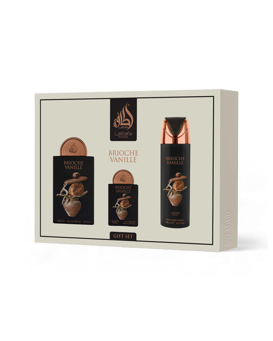 Lattafa Gift set with 'Brioche Vanille' products in a decorative box